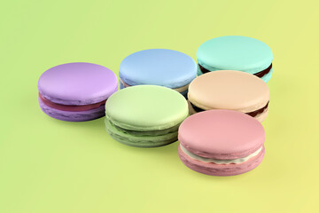 Six french macarons with different colors and flavors on green background