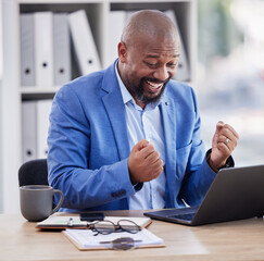 Happy, excited and black man at laptop in office, celebrate success and good news on online deal....