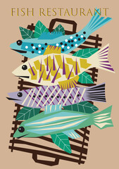 Fish. Decorative forms, collage, textures. Restaurant business. Fish boutique, fish restaurant, menu