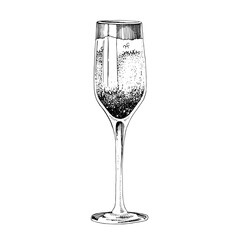 Monochrome illustration of cocktail French 75