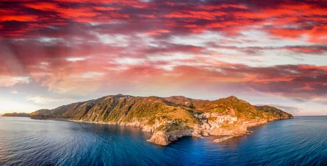 Deurstickers Aerial sunset view of Manarola from helicopter - Five Lands, Italy © jovannig