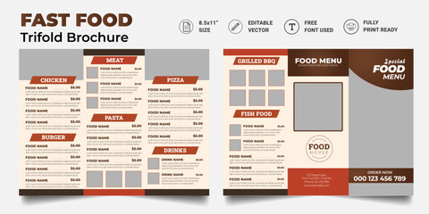Trifold Food menu Brochure Template. restaurant menu. Fast-food healthy meals delicious food, dessert trifold design. - obrazy, fototapety, plakaty