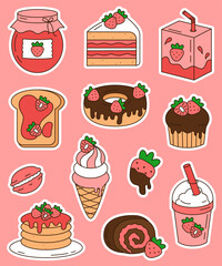 Cute sticker set with strawberry desserts and drinks isolated on white background. 