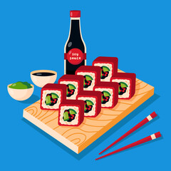 Sushi with soy sauce, wasabi and chopsticks on blue background. Japanese food.
