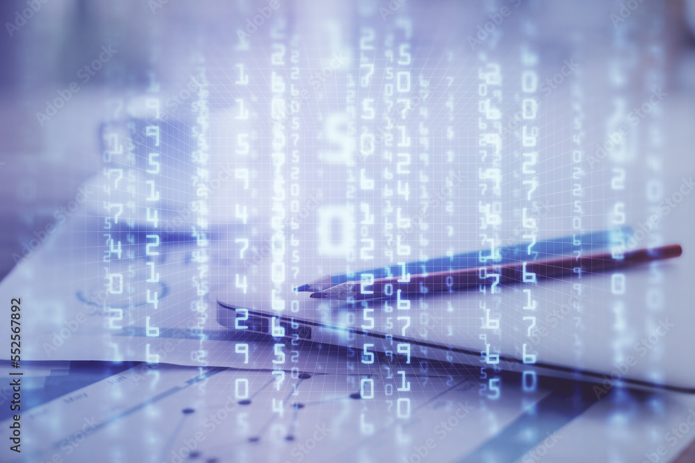 Aufkleber Double exposure of table with computer on background and data theme hologram. Data technology concept.