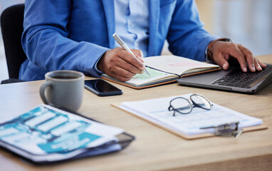 Business hands, writing and black man with accounting budget, finance and profit in a notebook, laptop and documents at desk. Office worker, accountant and planning strategy for financial investment