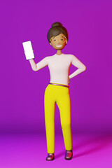 Smiling African American girl smartphone mockup purple background 3D rendering app design.Freelance worker Studying education student. Cartoon multiethnic character blogger woman gadget screen display