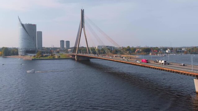 Cable commute Vansu Bridge Daugava river Riga 