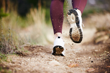 Foot, dirt and running in nature for fitness, exercise and athletic training for health and...