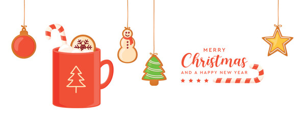 Naklejka premium christmas card with hanging gingerbread cookies and cocoa drink