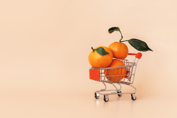 Small shopping cart with tangerines on beige background. Online shopping, fresh fruit delivery concept with copy space. Black Friday, Cyber Monday Sales. Christmas supermarket offers