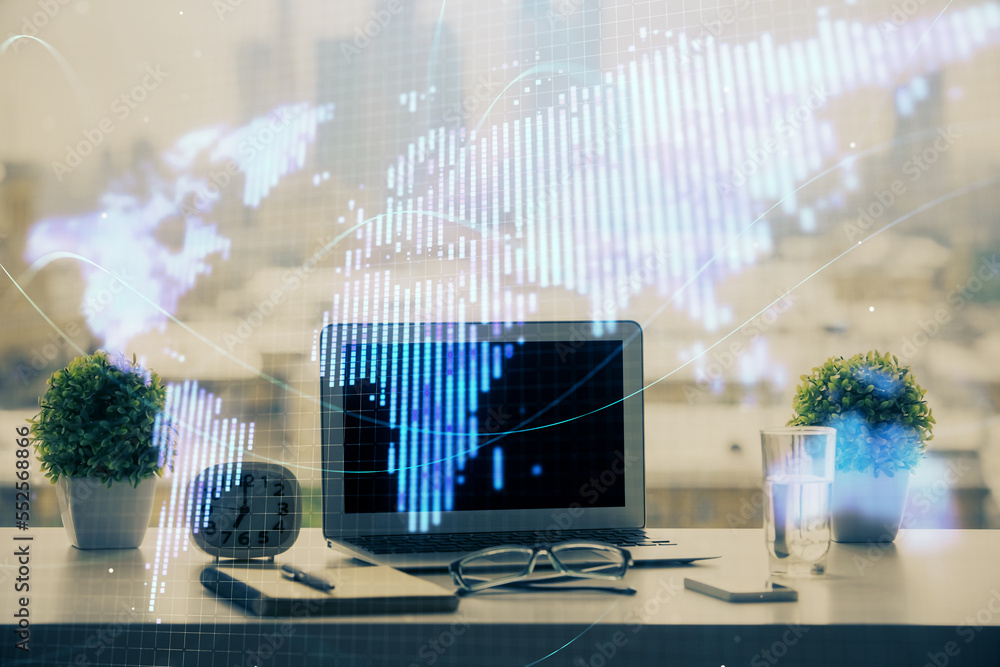 Poster double exposure of business theme icons and work space with computer background. concept of success.