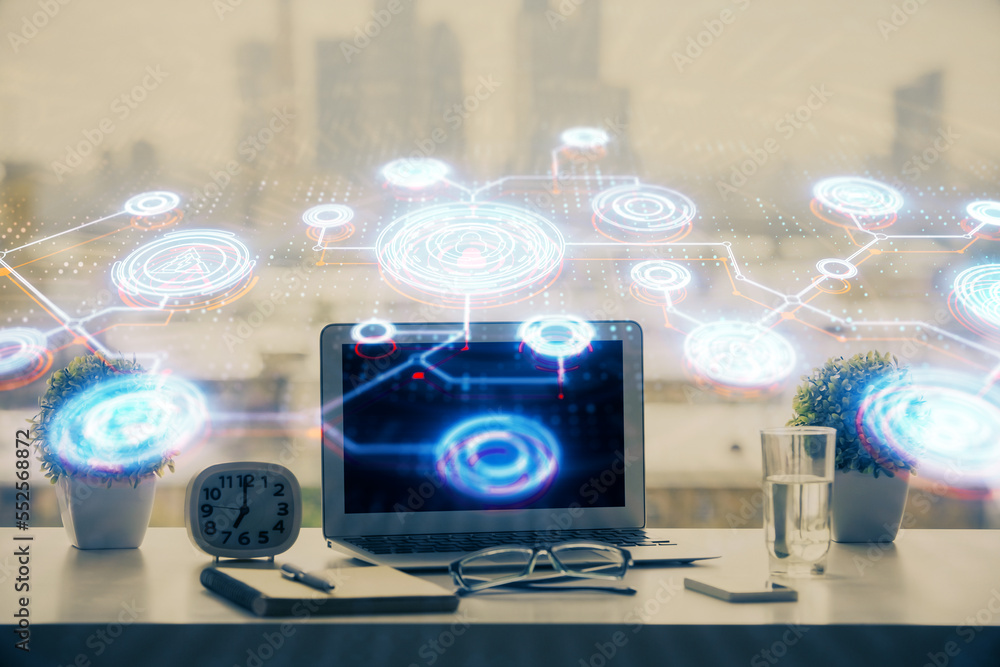 Poster computer on desktop with social network hologram. double exposure. concept of international people c