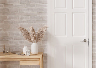 Modern white door in the room. Close up view. Production and trade of interior doors. Stylish internal door. Manufacture and sale. Contemporary interior. 3D rendering.