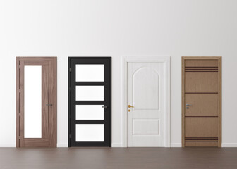 Various modern doors in empty room. Copy space for text, advertising. Production and trade of interior doors. Stylish internal door. Manufacture and sale. 3D rendering.