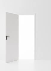 Opened door in empty white room. Copy space. Template to integrate your picture, text. 3D rendering.
