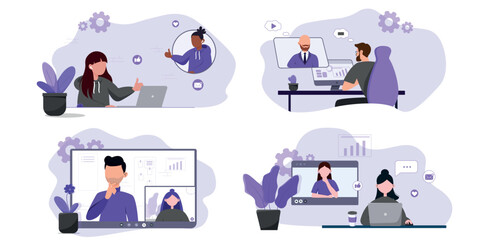 Set of flat illustrations remote work, zoom conference, meeting, online conference. Feedback from employees and managers. Illustrations in purple and gray colors.