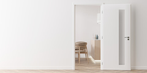 Modern white door in the room. Close up view. Copy space for text, advertising. Production and trade of interior doors. Stylish internal door. Manufacture and sale. Contemporary interior. 3D render. - obrazy, fototapety, plakaty