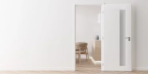 Fotobehang Modern white door in the room. Close up view. Copy space for text, advertising. Production and trade of interior doors. Stylish internal door. Manufacture and sale. Contemporary interior. 3D render. © Creative_Bird