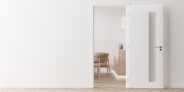 Modern white door in the room. Close up view. Copy space for text, advertising. Production and trade of interior doors. Stylish internal door. Manufacture and sale. Contemporary interior. 3D render.