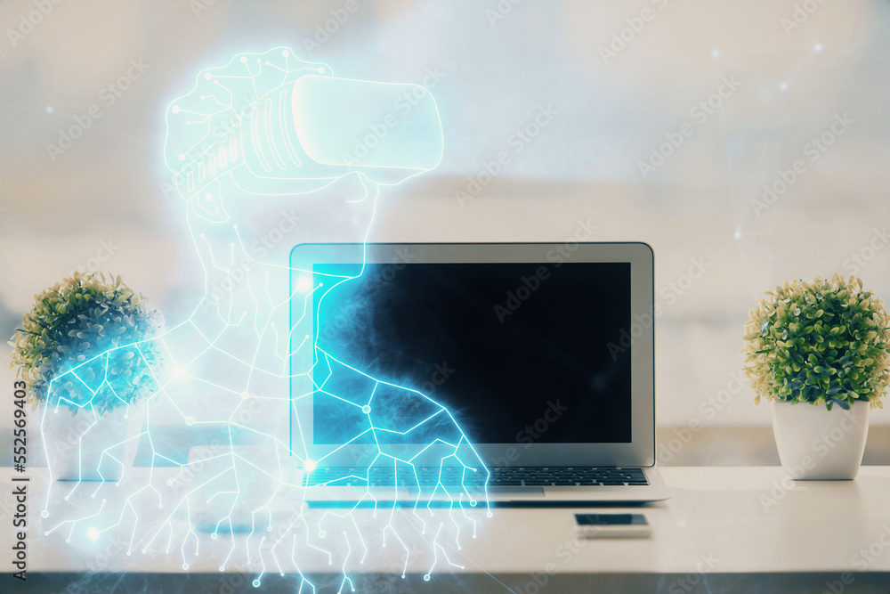Poster computer on desktop with ar theme icon. multi exposure. concept of augmented reality.