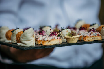 Close up image of a plate of appetizer served outdoors at a garden party.  A hands taking delicious appetizers.
