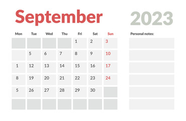 Calendar Template of september 2023 with place for notes. Vector layout simple calendar with week start monday.