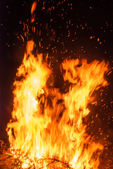 Abstract blaze fire flame texture for banner background. Fire sparks particles with flames isolated on black background. Beautiful flames. Fuel, power and energy