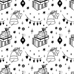 Christmas decorations doodle seamless vector pattern. Background with gifts bells, garland, snowflakes and stars in a naive and simple style. Vector line pattern