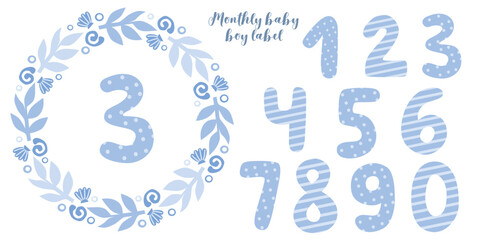 Cute baby monthly stickers. Floral set for boy. Vector hand drawn illustration.