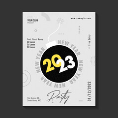 New year party poster, flyer, banner template. Modern typography greeting card for 2023 with white background black text design