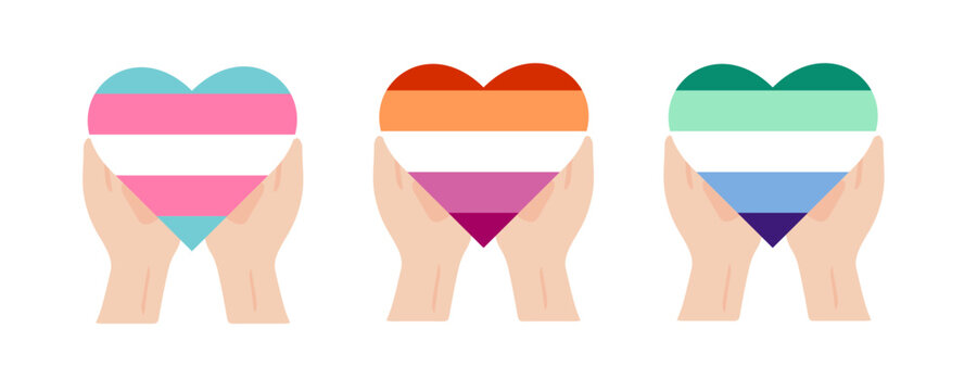 Gay, lisbian, transgender flag heart in hands, LGBT Pride Month
