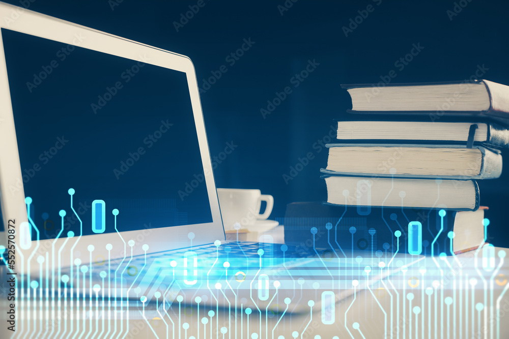 Poster Double exposure of desktop with personal computer on background and tech theme drawing. Concept of Bigdata.