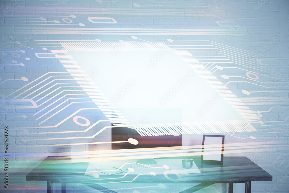 Poster Double exposure of desktop computer and technology theme hologram. Concept of software development.