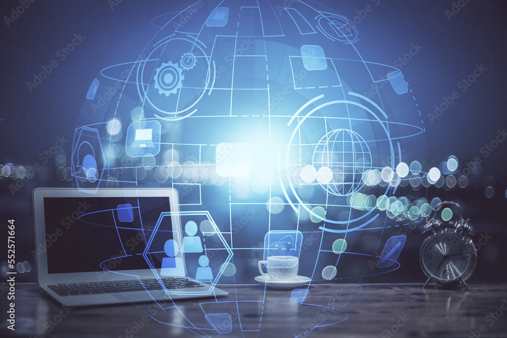 Poster Computer on desktop with social network theme icon. Multi exposure. Concept of international connections.