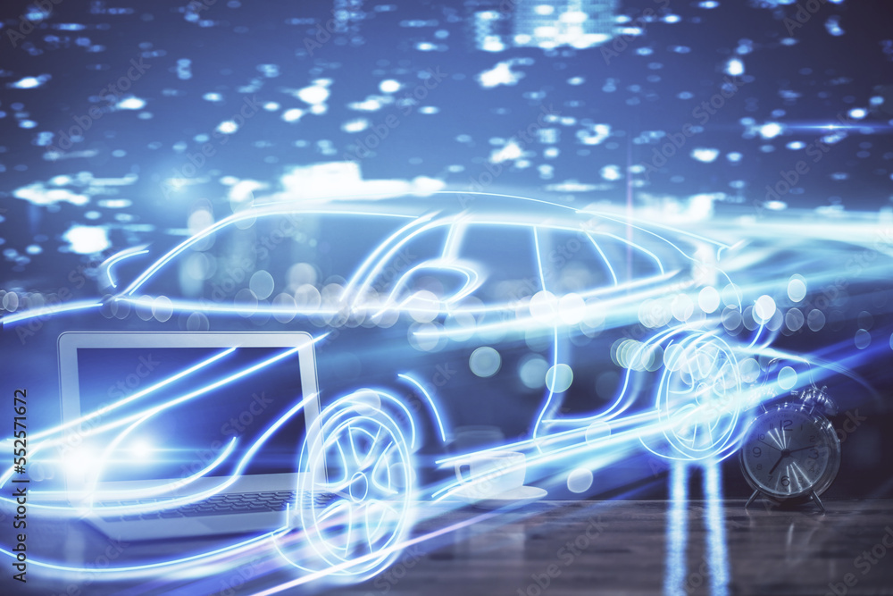Aufkleber desktop computer background in office with automobile hologram drawing. multi exposure. tech concept