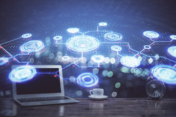 Computer on desktop with social network theme icon. Multi exposure. Concept of international connections.