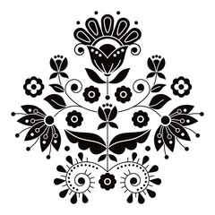 Scandinavian cute folk art vector design inspired by traditional embroidery patterns from Sweden, retro decoration with flowers, swirls and leaves motif in black on white

