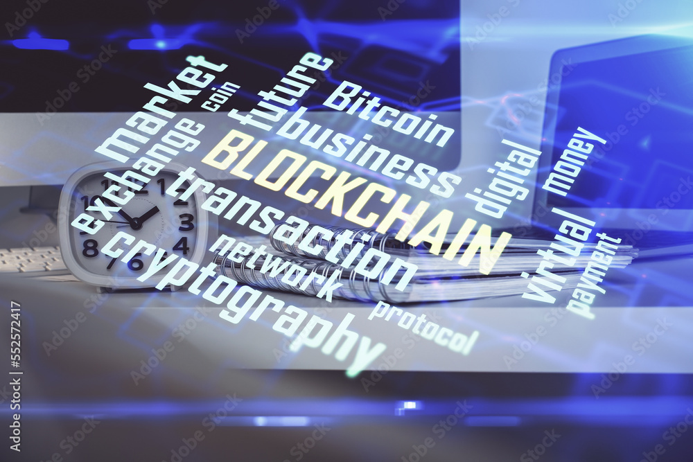 Poster Multi exposure of blockchain theme hologram and table with computer background. Concept of bitcoin crypto currency.