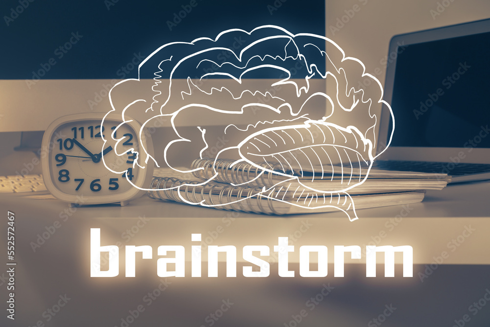 Poster Desktop computer background in office and start up theme hologram drawing. Double exposure. Startup concept.