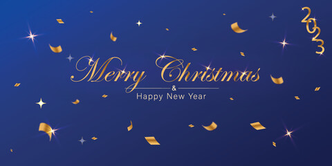 Fototapeta na wymiar Golden Merry Christmas and Happy New Year. Typography on a blue background with lights, gold tinsel, stars. Merry Christmas card. Vector illustration