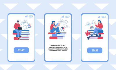 Online education mobile app onboarding pages bundle, flat vector illustration. Mobile page template for online school and educational courses, training with students characters.