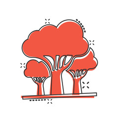 Tree icon in comic style. Forest cartoon vector illustration on white isolated background. Plant splash effect sign business concept.
