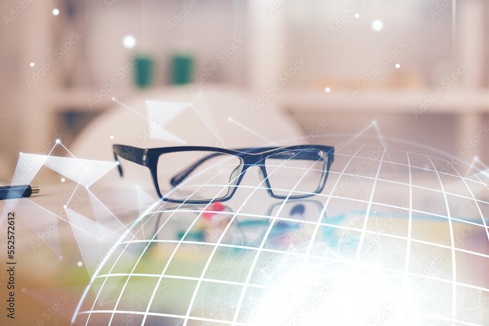 Poster map hologram with glasses on the table background. concept of globalization. double exposure.