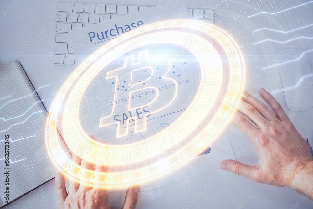 Aufkleber man's hands working with notes background. cryptocurrency and finance concept.