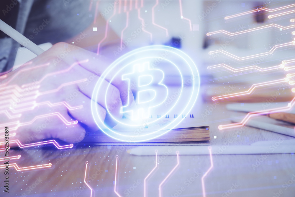 Poster man's hands working with notes background. cryptocurrency and finance concept.