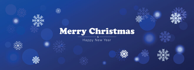 Merry Christmas and New Year Typography on a blue background with a winter landscape with snowflakes, lights, stars. Merry Christmas card. Vector illustration