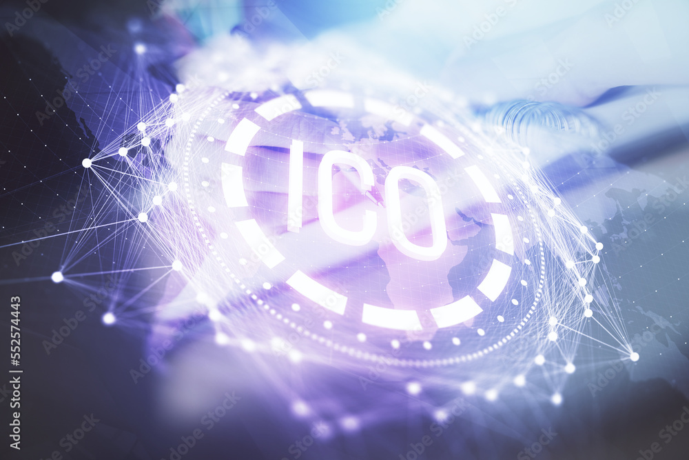 Poster cryptocurrency hologram, bitcoin, ico theme over hands taking notes background. concept of blockchai