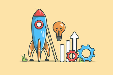 Startup business concept in flat line design. Launch new project color outline scene. Objects composition with space rocket, lightbulb, data graphs and gears. Illustration with web icon