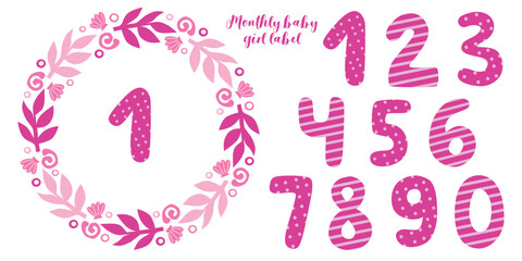 Cute baby monthly sticker. Floral set for girl. Vector hand drawn illustration. 